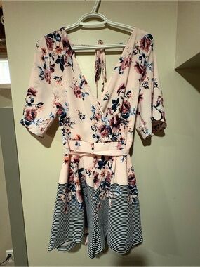 NWT Blue Rain Pink Floral Romper with Navy Accents